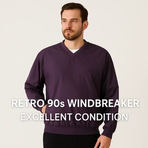 JOHN ASHFORD Retro 90s Purple Lined V-Neck Windbreaker Pullover Jacket L